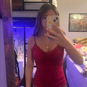 Elegant Red Lace Trim Cami Top